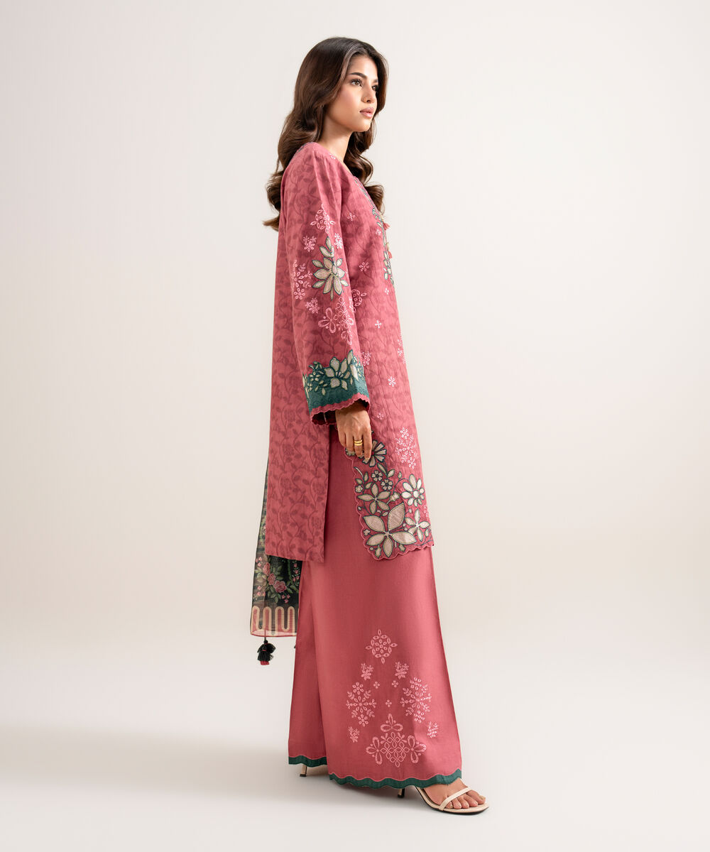 Women's Unstitched Embroidered Cotton Jacquard Tea Pink 3 Piece Suit