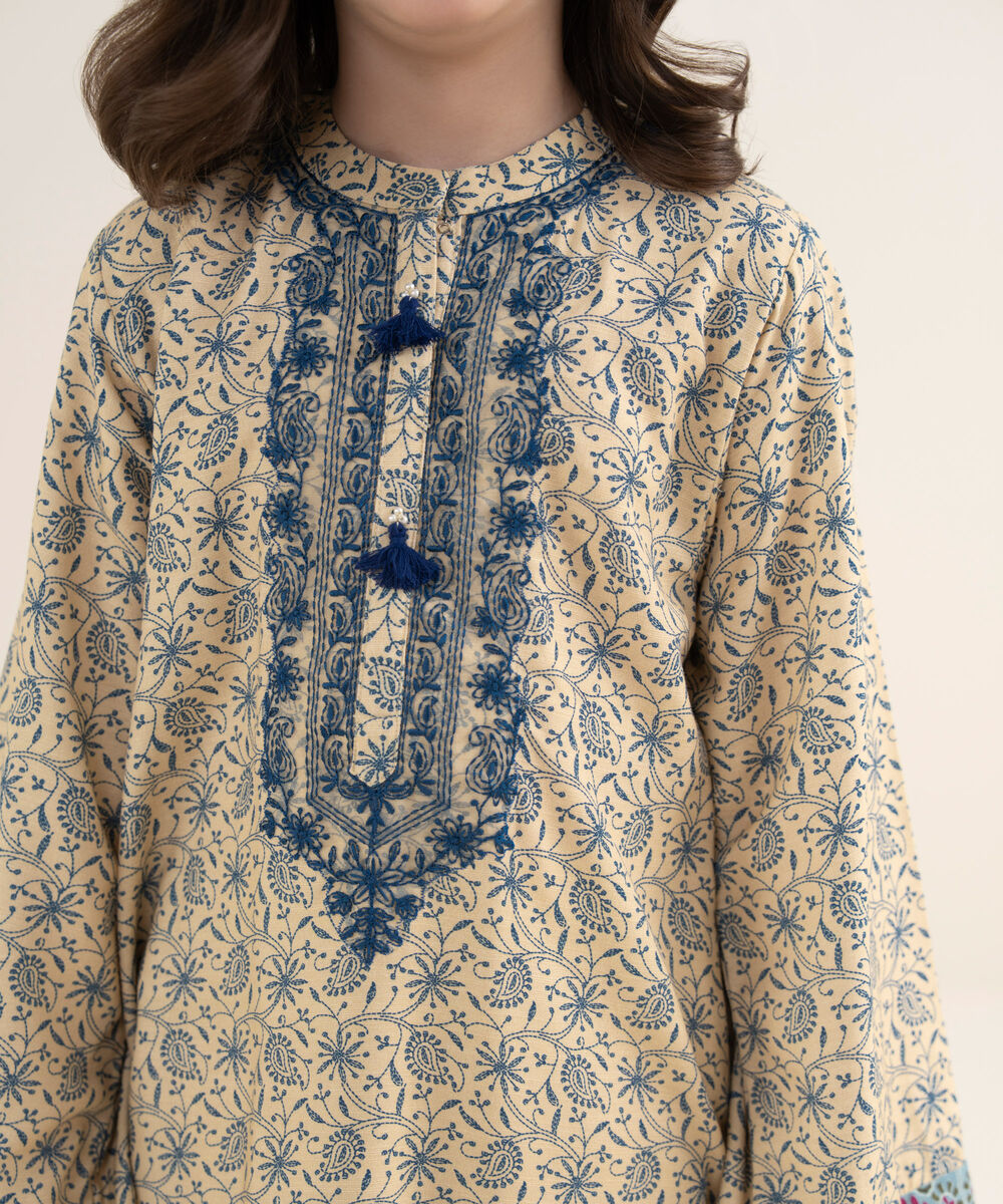 Girl's Herringbone Embroidered Beige 2 Piece Set