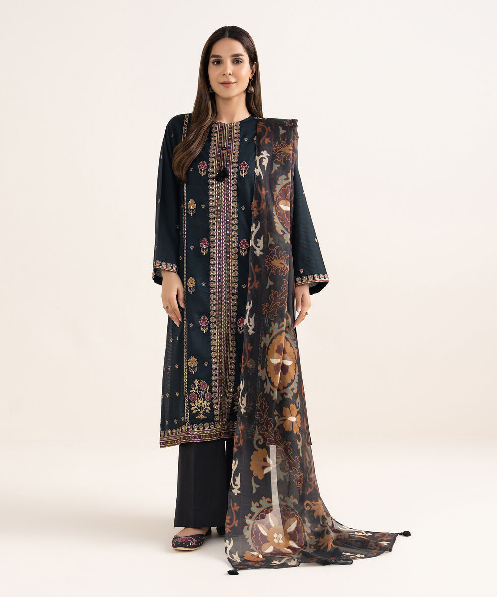 Women's RTW Textured Cotton Black Embroidered A-Line Shirt