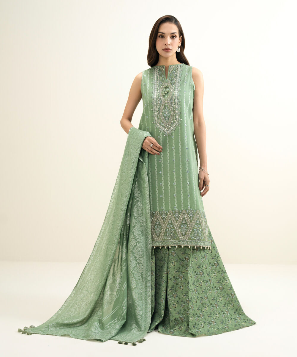 Women's Unstitched Extra Weft Jacquard Embroidered Green 3 Piece Suit