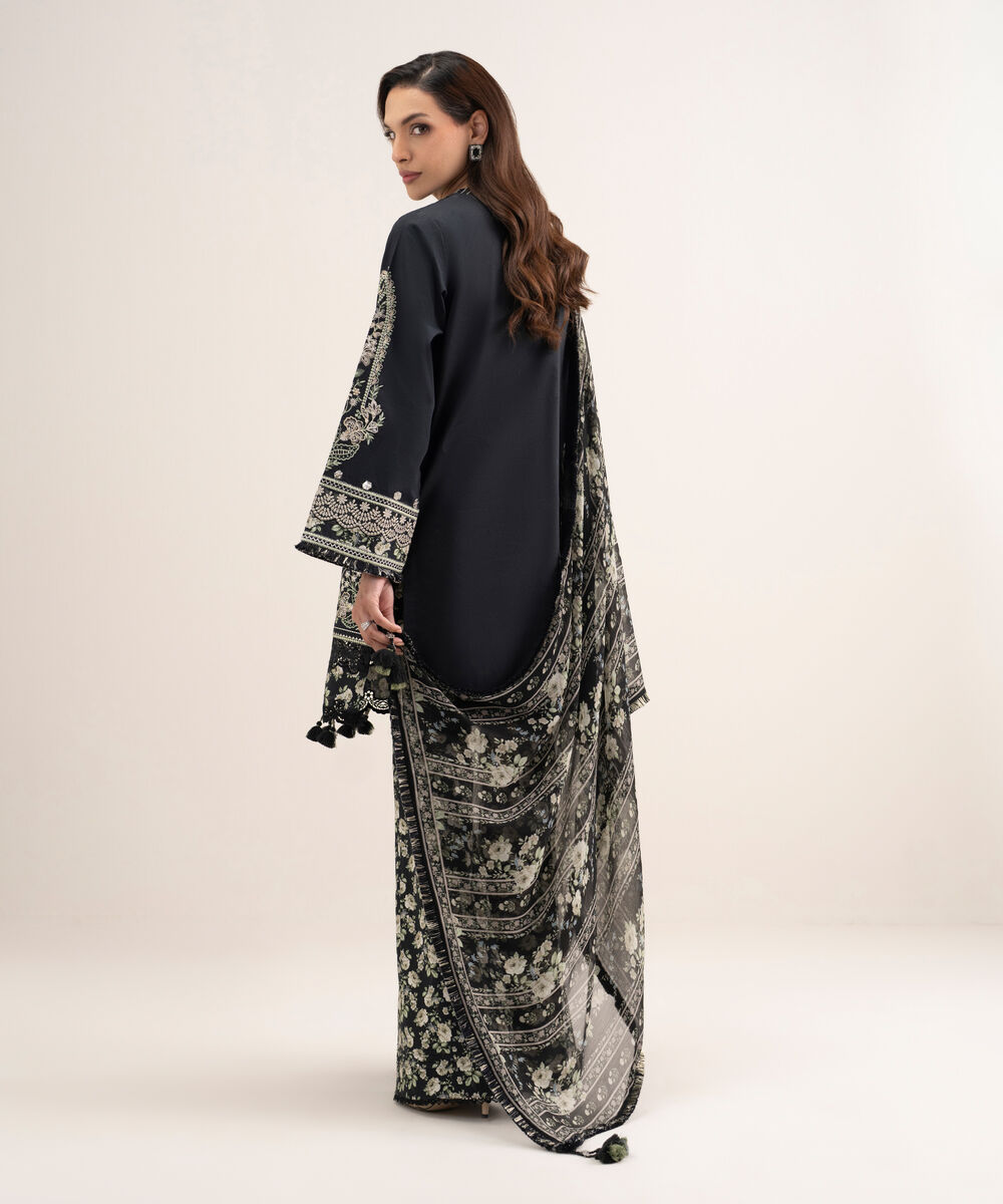 Women's Unstitched Textured Lawn Embroidered Black 3 Piece Suit
