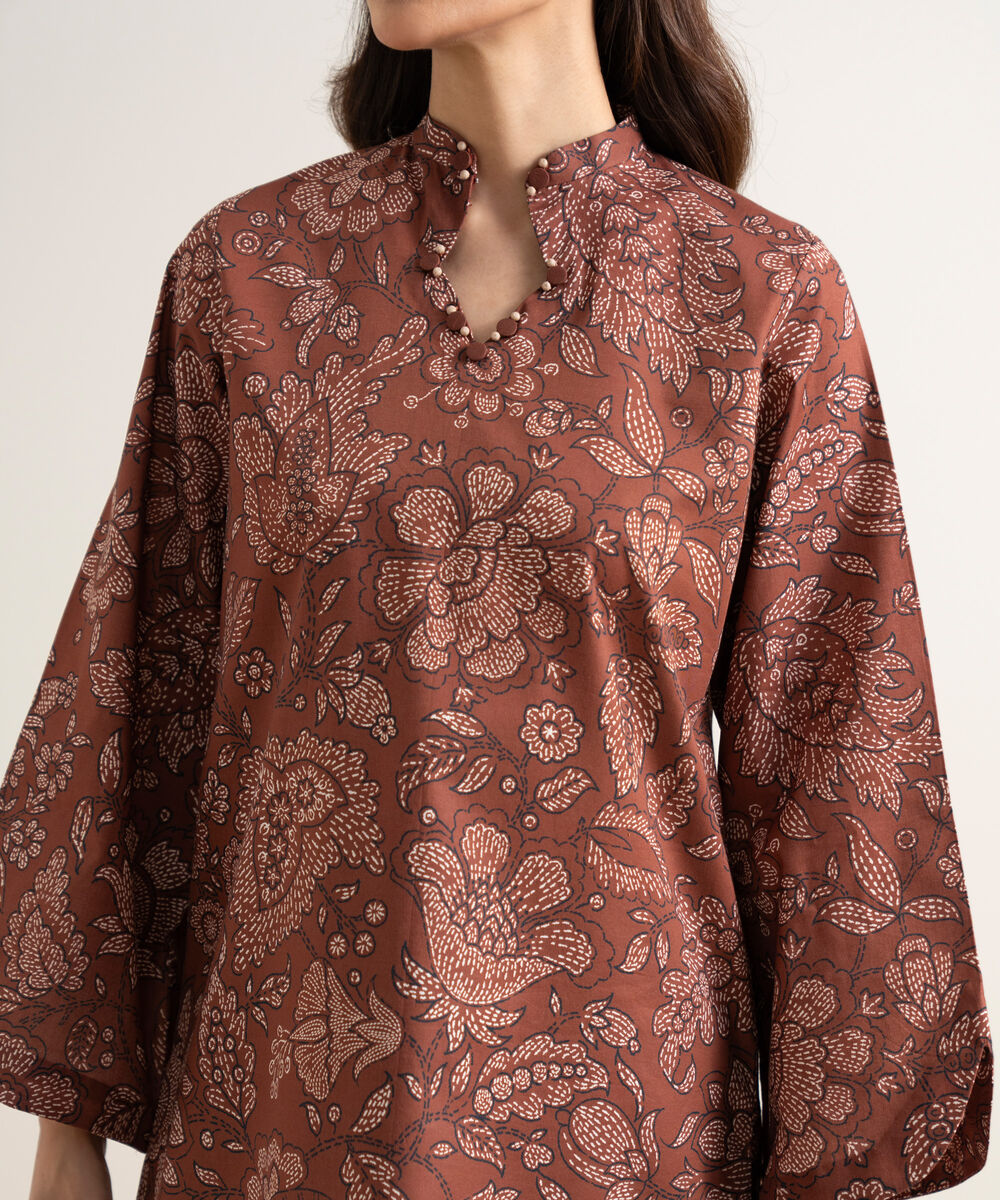 Women's Unstitched Lawn Printed Brown 3 Piece Suit