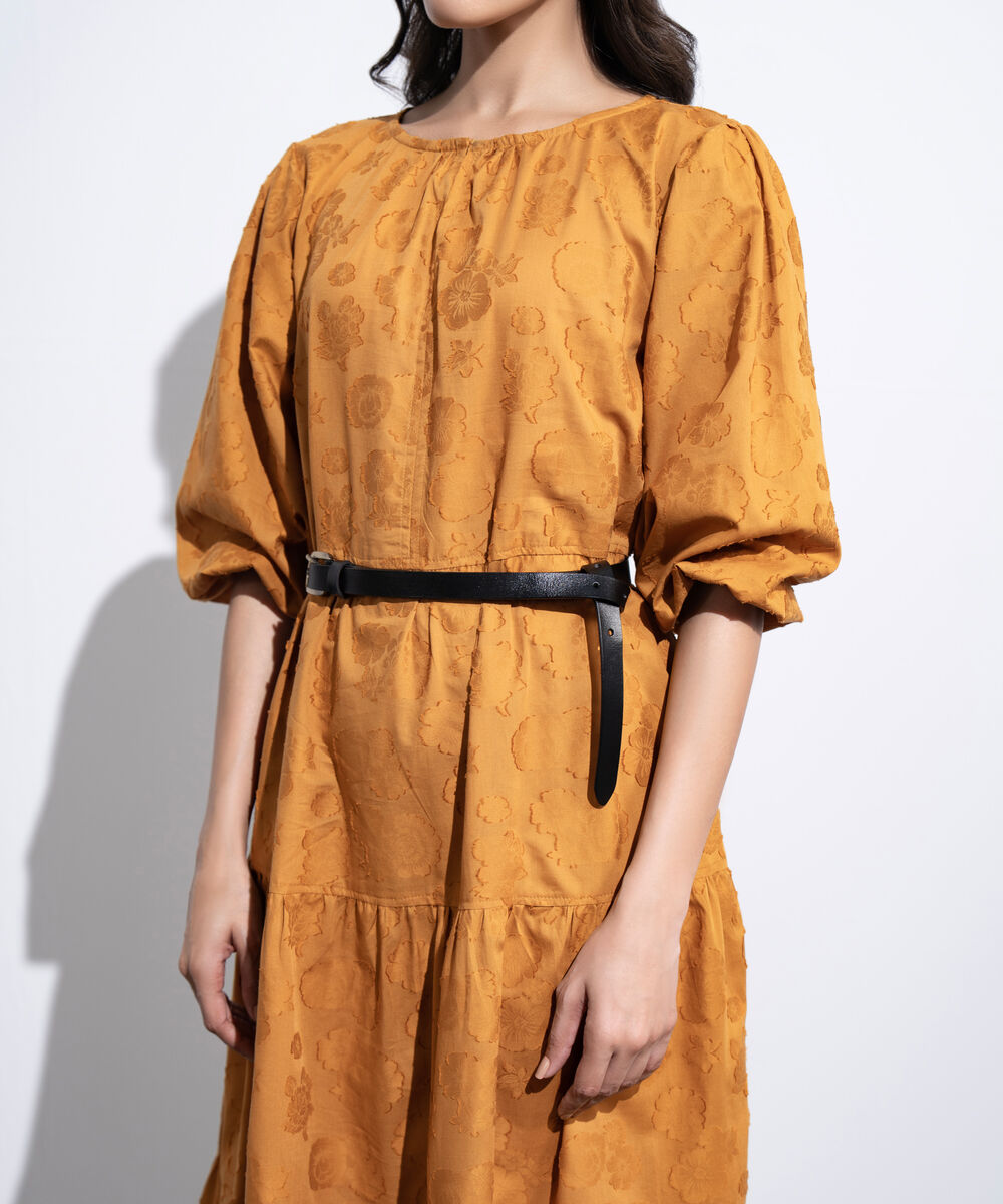 Women's Western Mustard Tier Dress With Puffed Sleeve