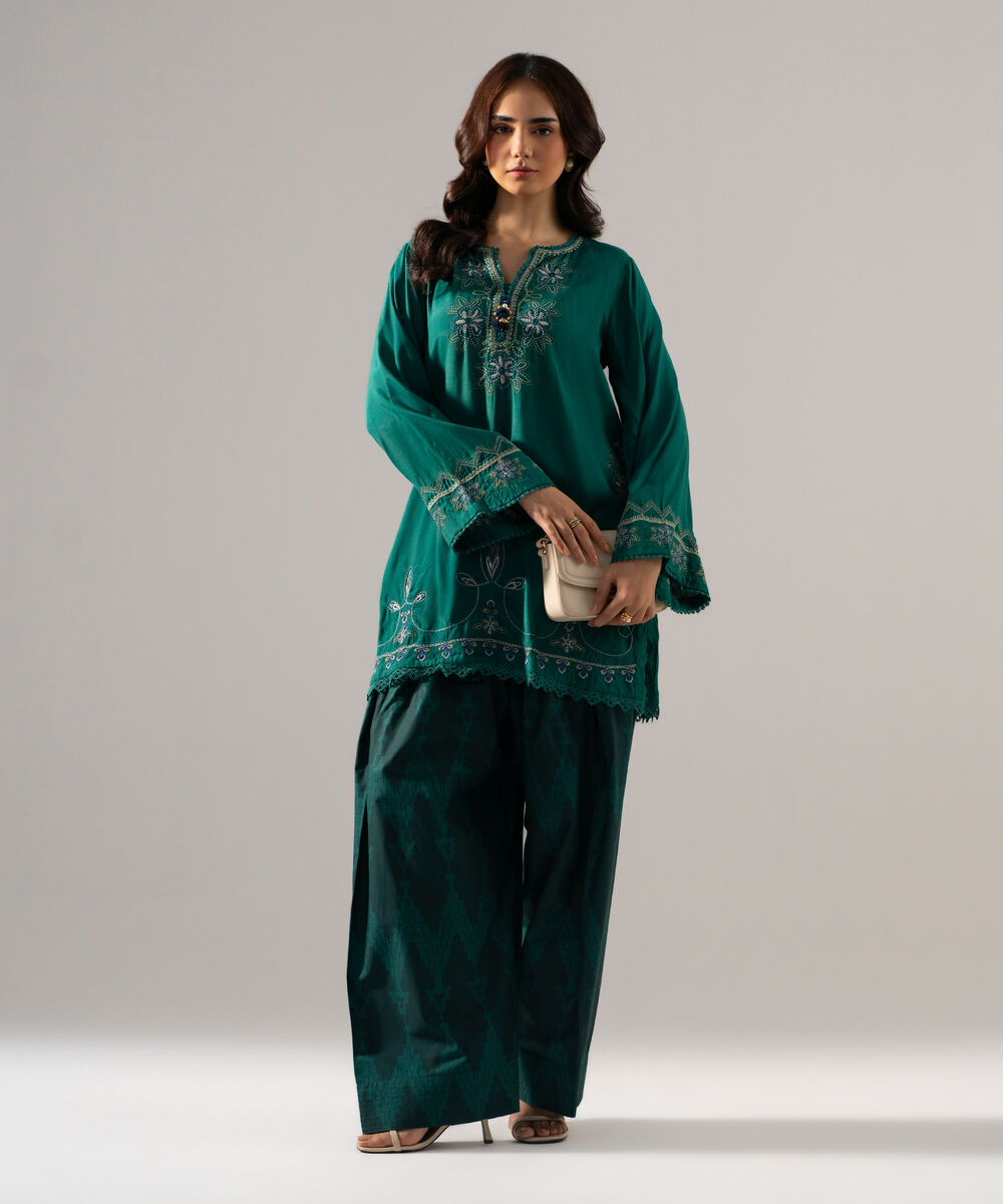 Women's RTW PK Raw Silk Solid Embroidered Green 2 Piece Suit