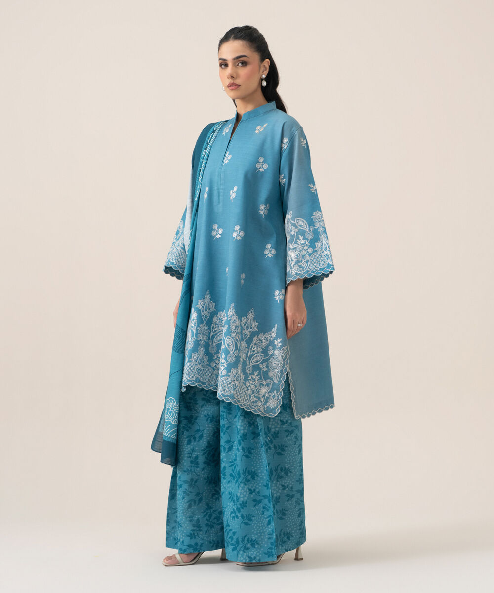 Women's Unstitched Cotton Embroidered Blue 3 Piece Suit
