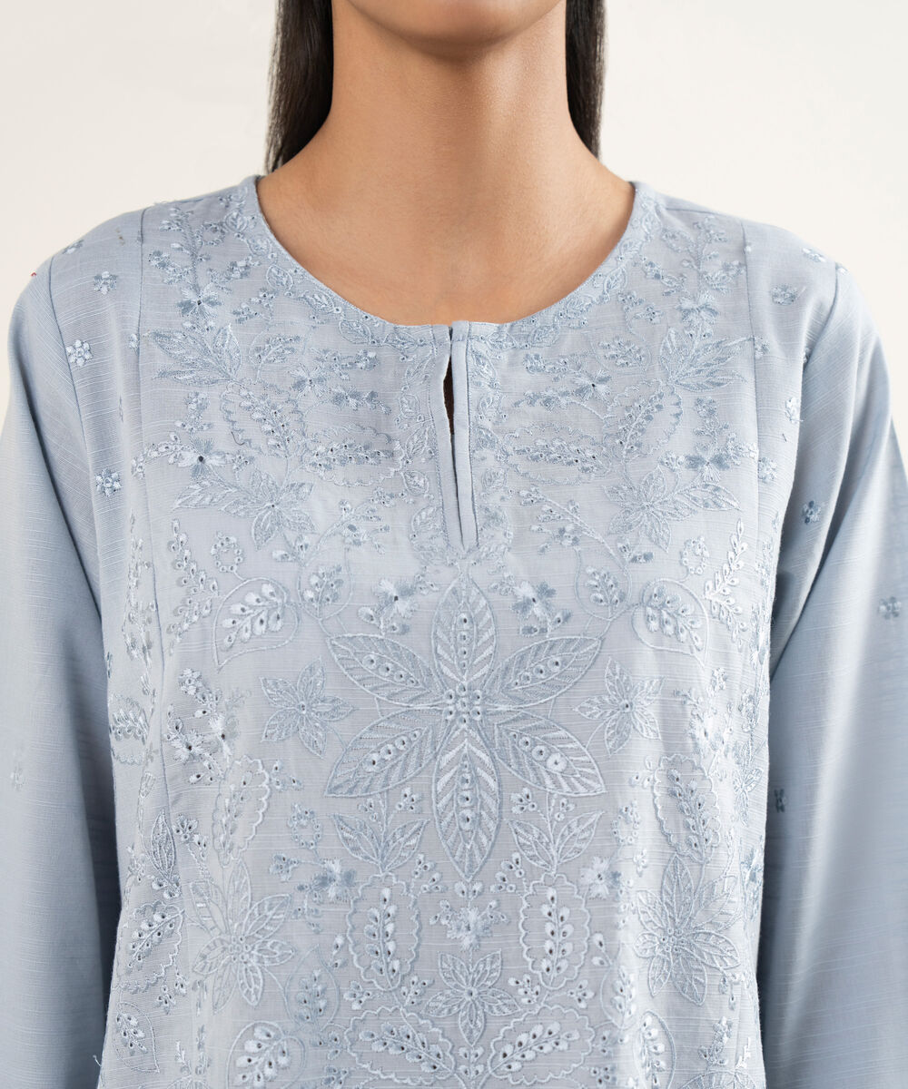 Women's RTW Cotton Embroidered A-Line Ice Blue Shirt