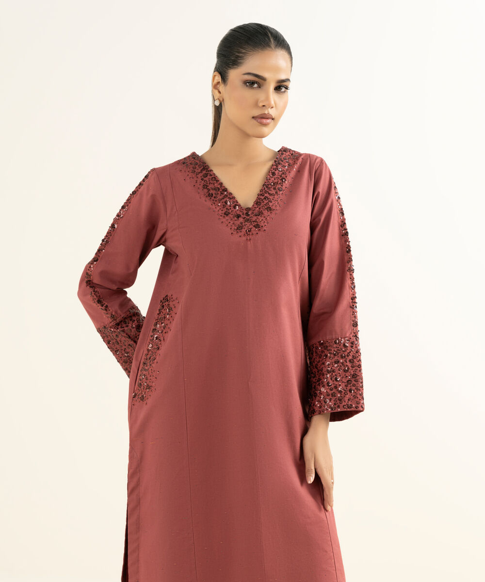 Women's RTW Multineps Embroidered Brown A-Line Shirt