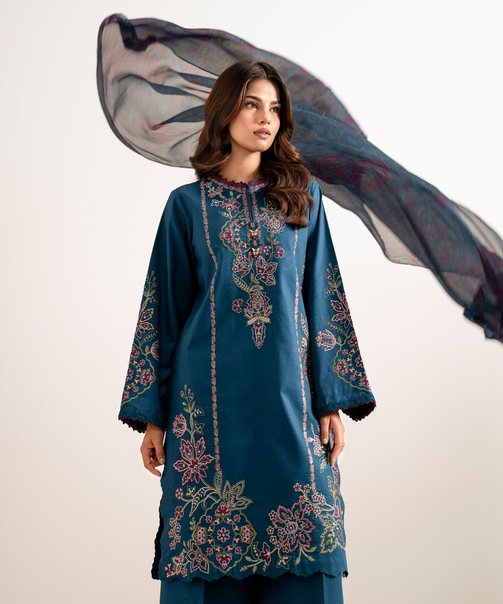 Women's Unstitched Embroidered Cotton Viscose Teal Blue 3 Piece Suit