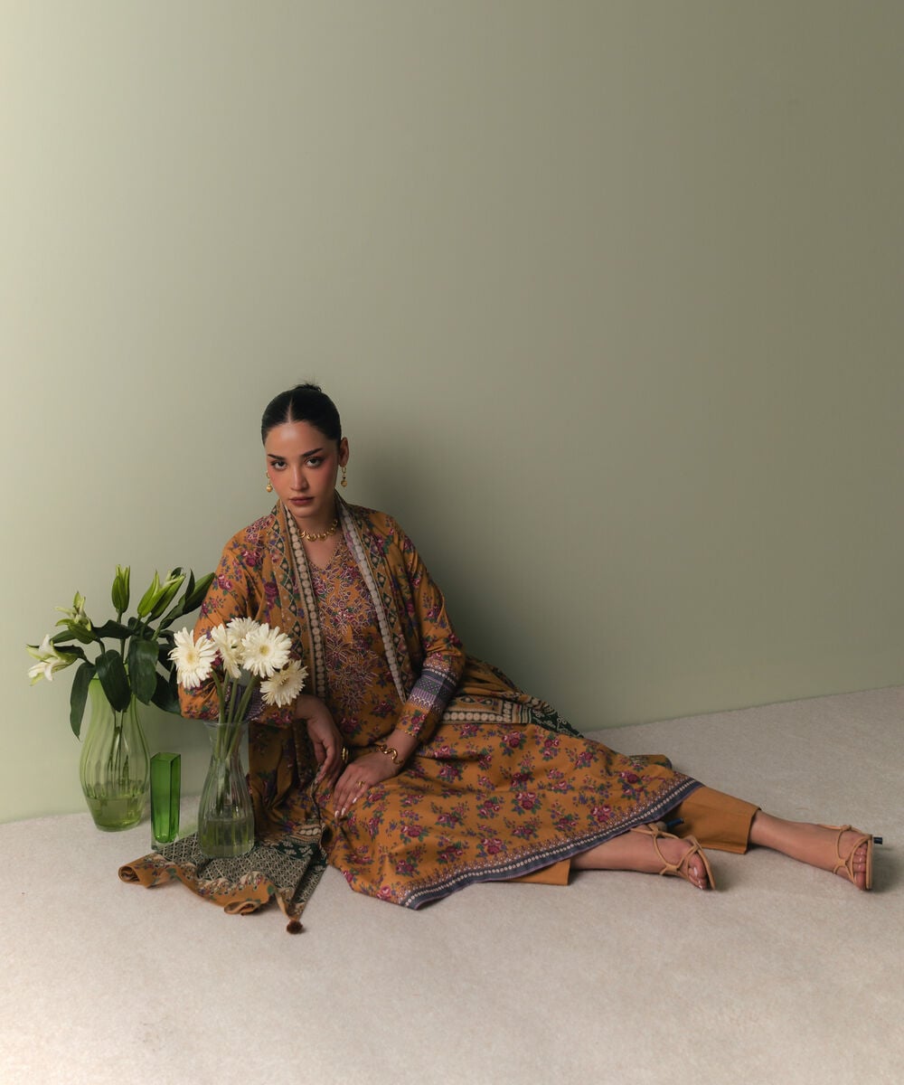 Women's Unstitched Lawn Embroidered Mustard 3 Piece Suit