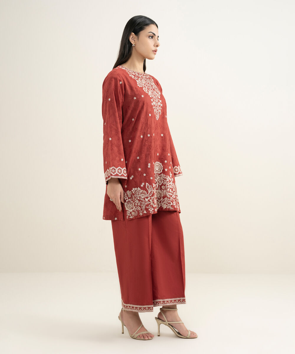 Women's RTW Self Jacquard Embroidered Dark Orange Straight Shirt