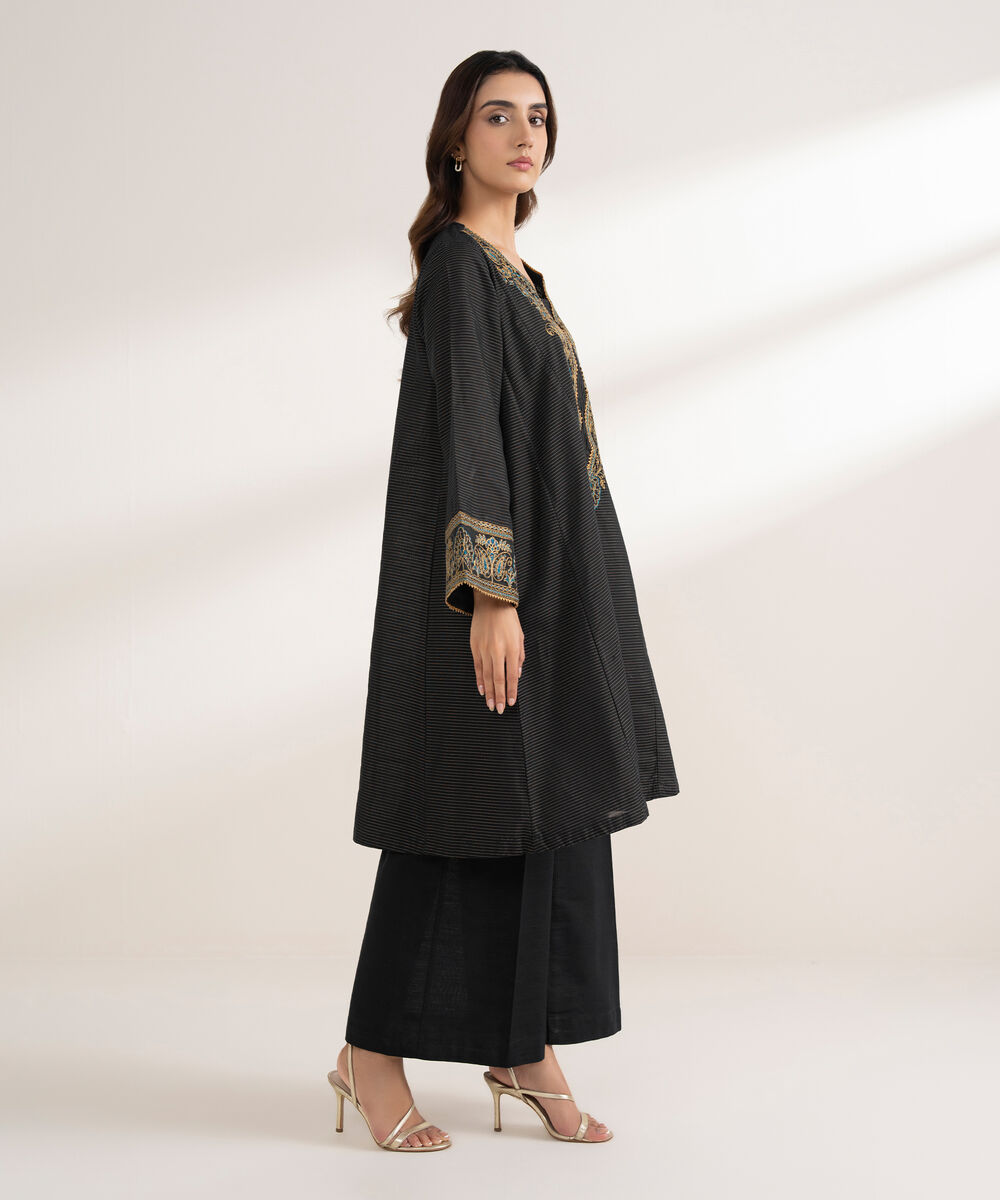 Women's RTW Zari Cotton Embroidered A-Line Black Shirt