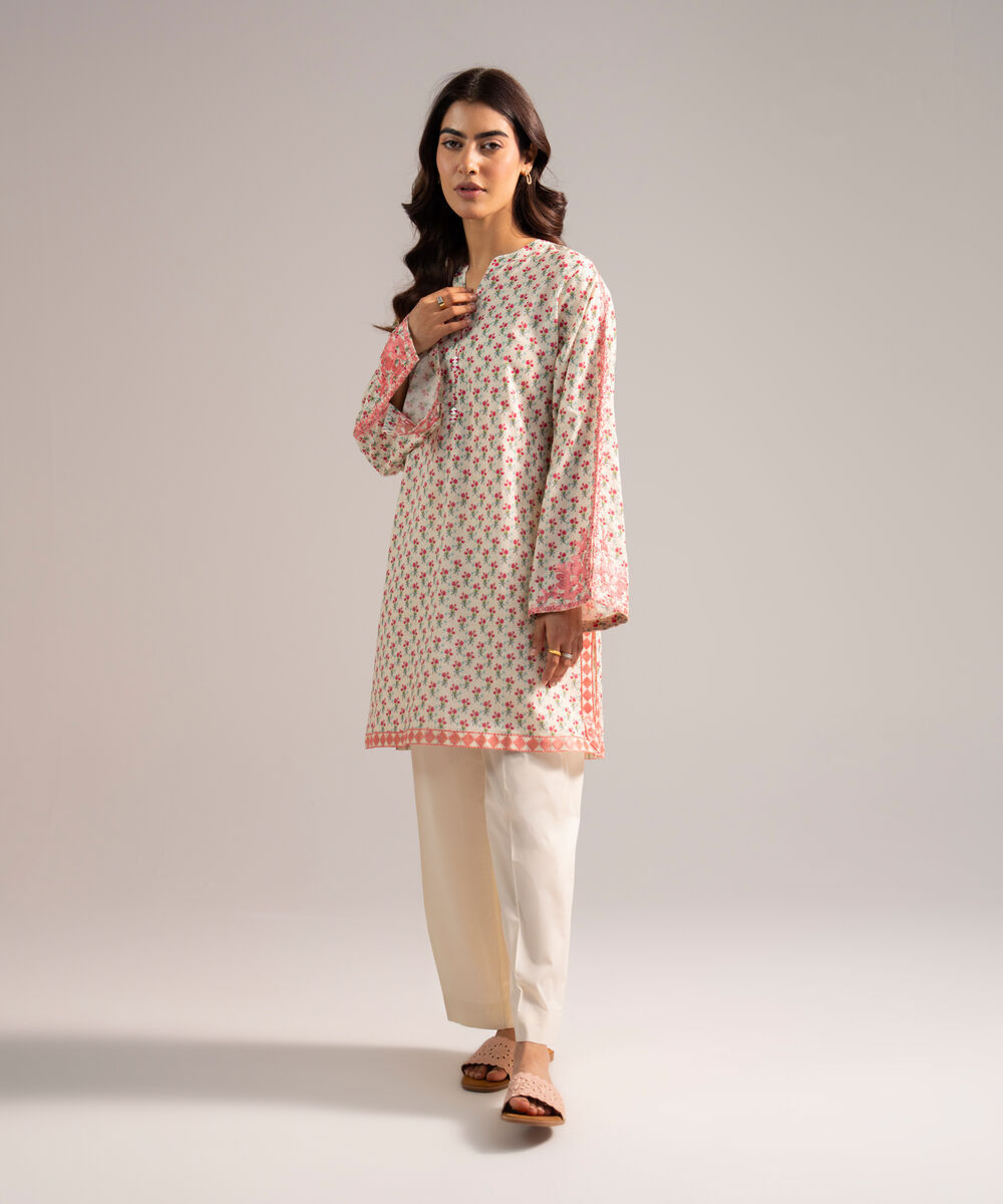 Women's RTW Lawn Embroidered Off White Straight Shirt