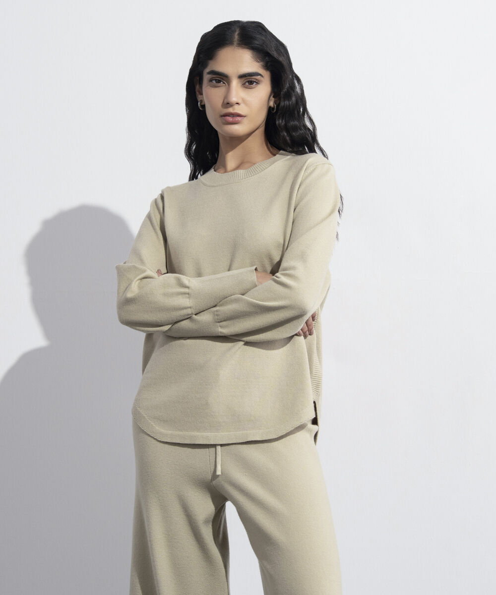 Women's Western Wear Beige Knit Sweater With Round Hem