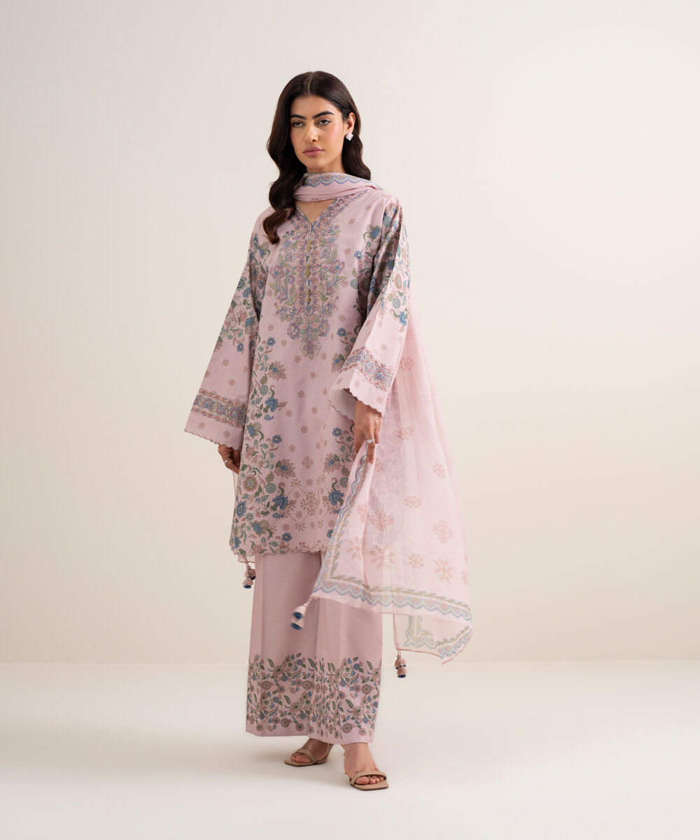 Women's Unstitched Lawn Embroidered Light Pink 3 Piece Suit