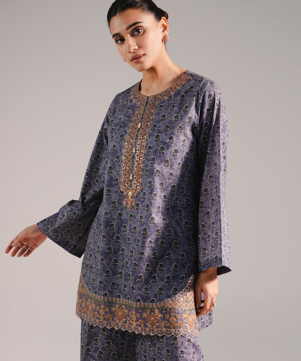 Women's RTW Slub Lawn Embroidered Slate Blue Straight Shirt