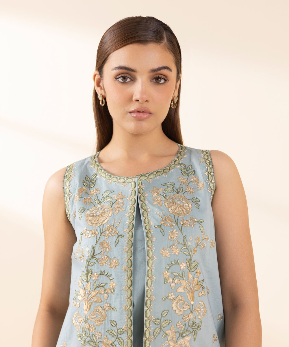 Women's Unstitched Lawn Embroidered Blue 3 Piece Suit