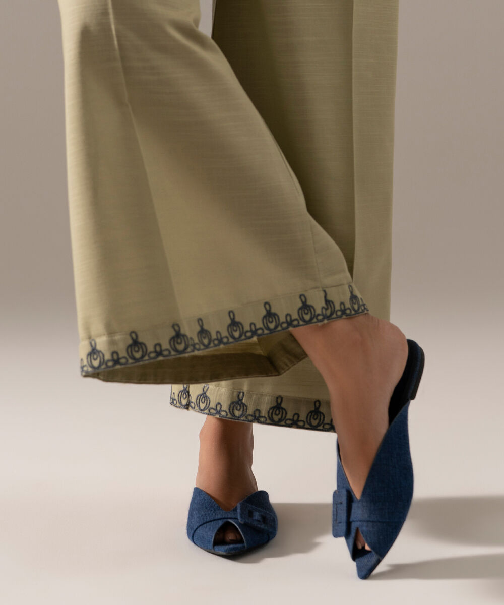Women's RTW Khaddar Solid Green Flared Pants