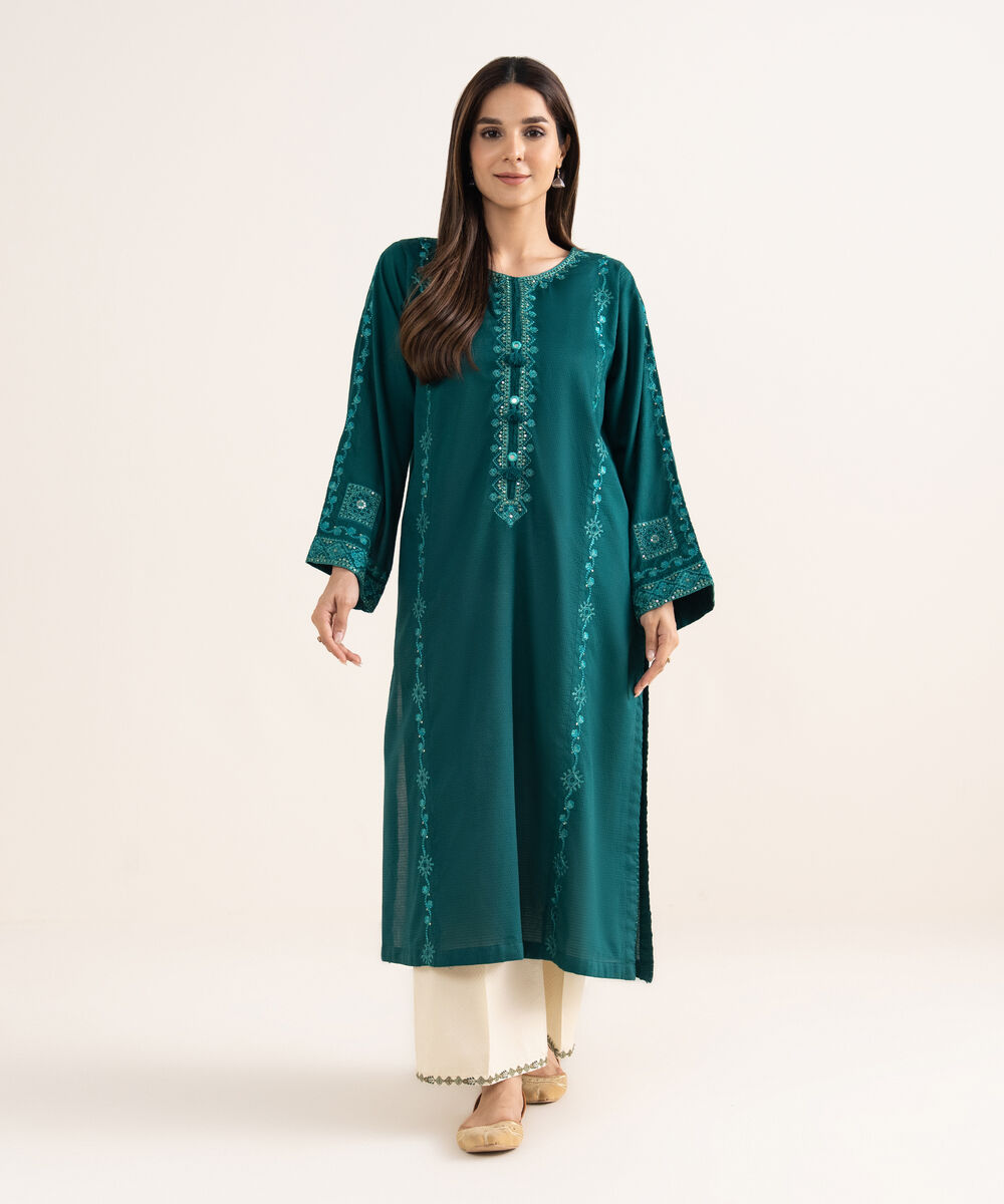Women's RTW Textured Cotton Green Embroidered A-Line Shirt