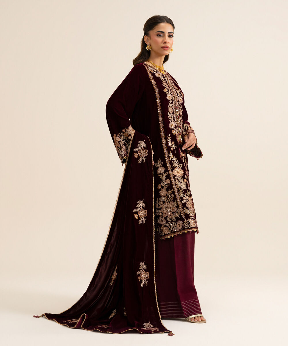Women's Unstitched Velvet Embroidered Plum 3 Piece Suit