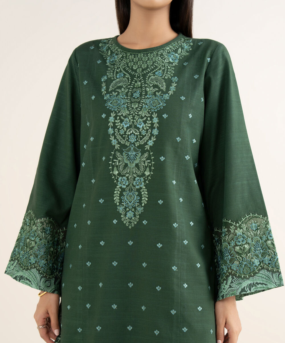 Women's Unstitched Light Khaddar Embroidered Green 3 Piece Suit