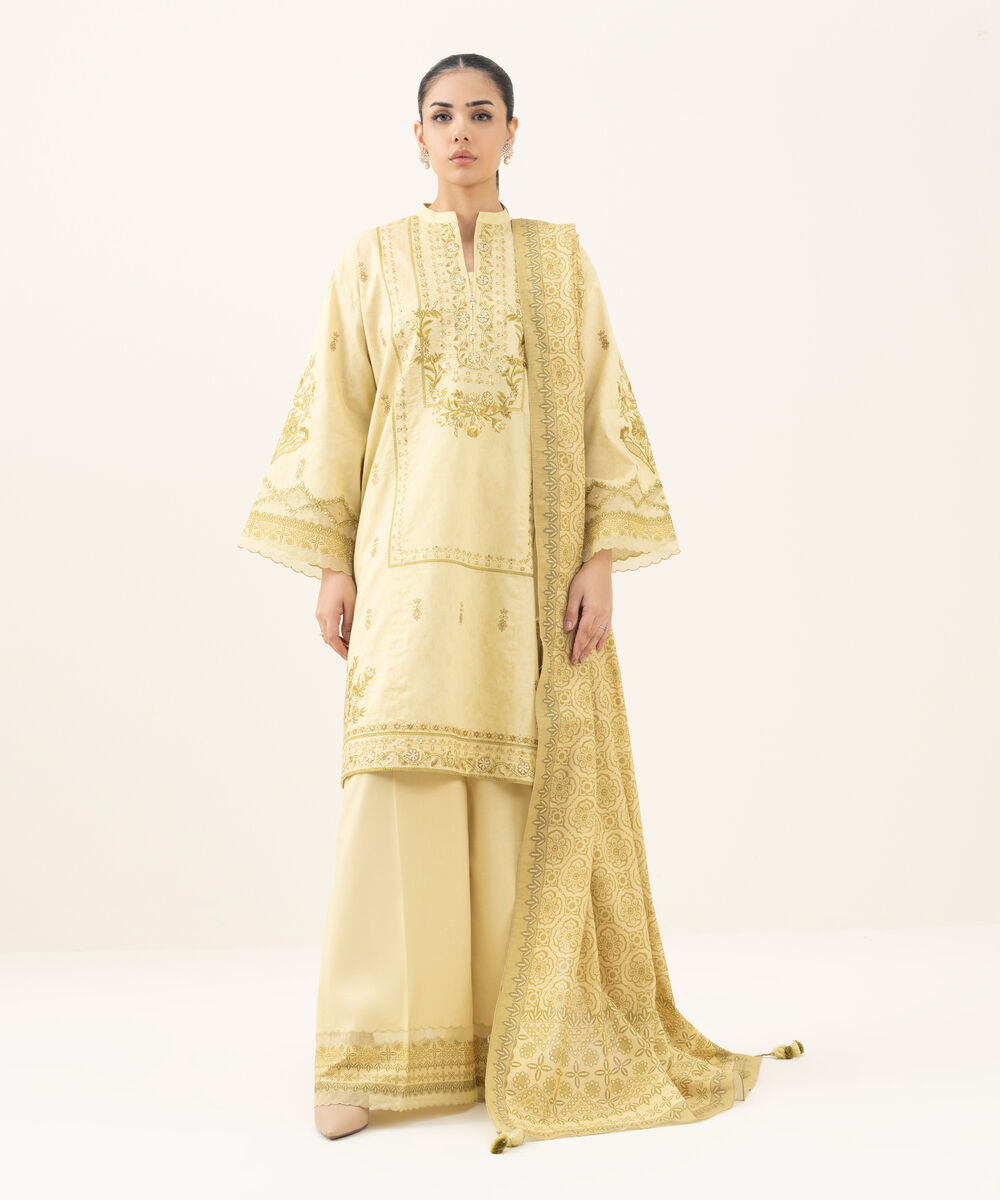 Women's Unstitched Embroidered Cotton Jacquard Lime Yellow 3 Piece Suit