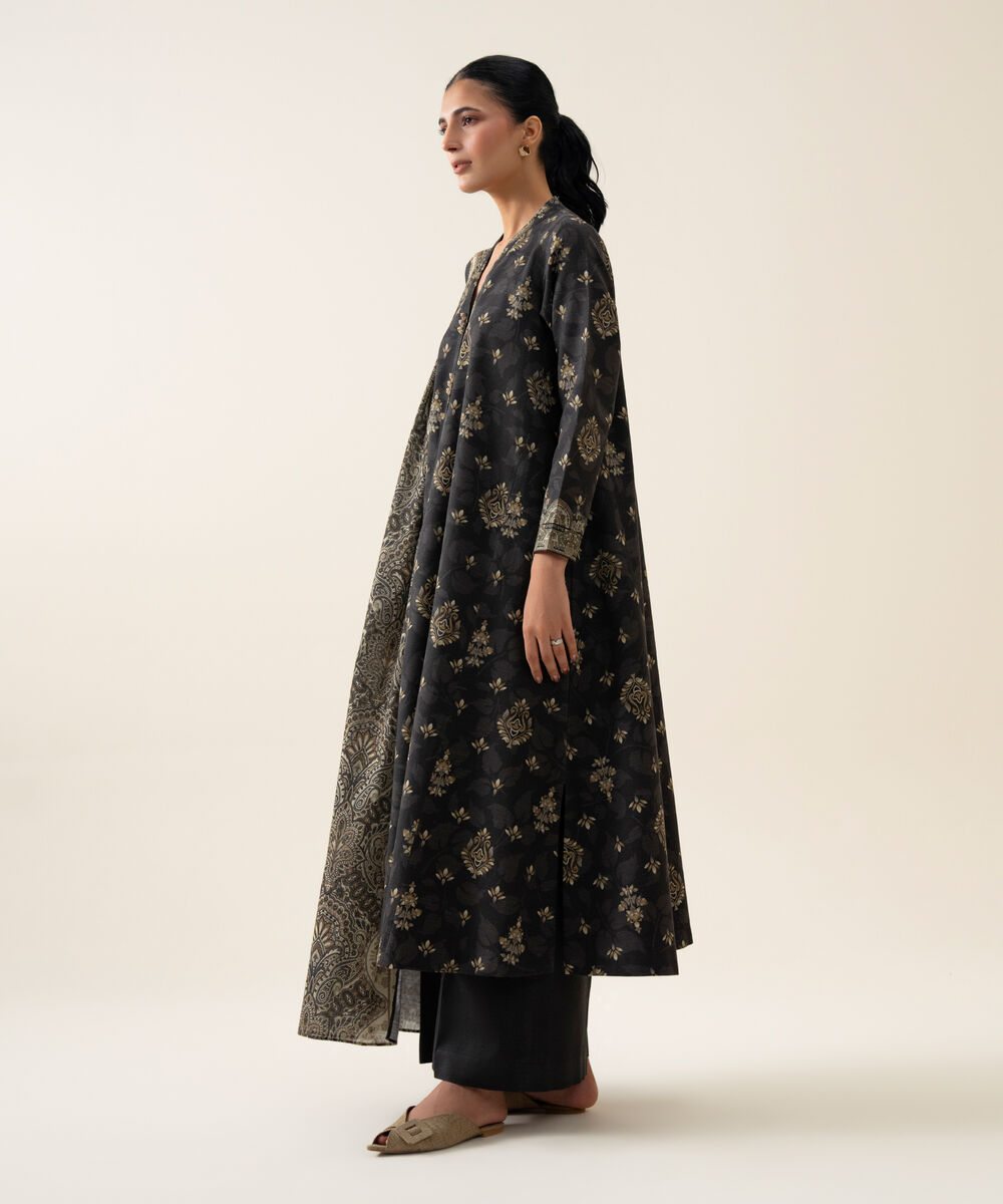 Womens Unstitched Light Khaddar Printed Dark Grey 3 Piece Suit