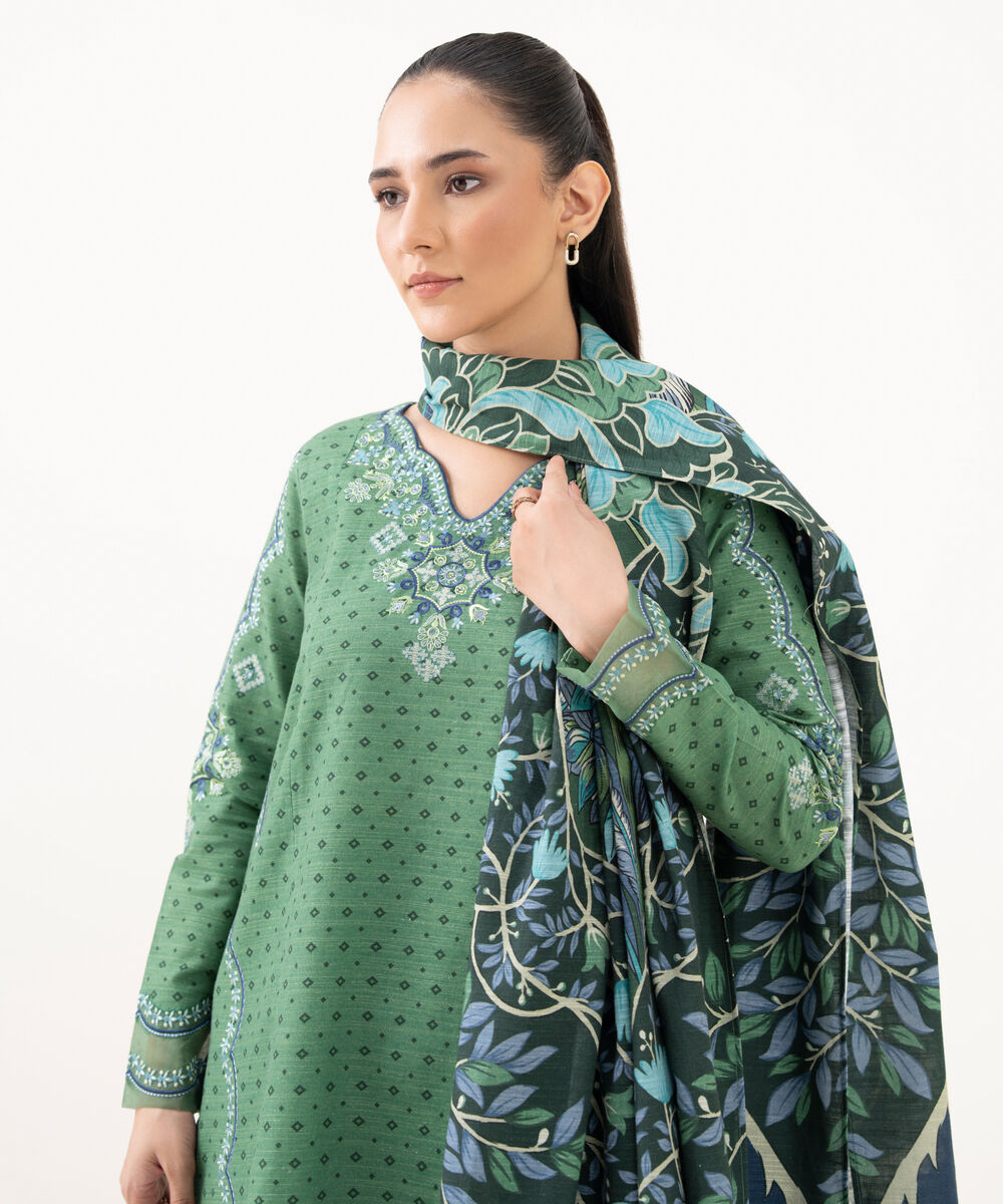 Women's Unstitched Light Khaddar Embroidered Green 3 Piece Suit