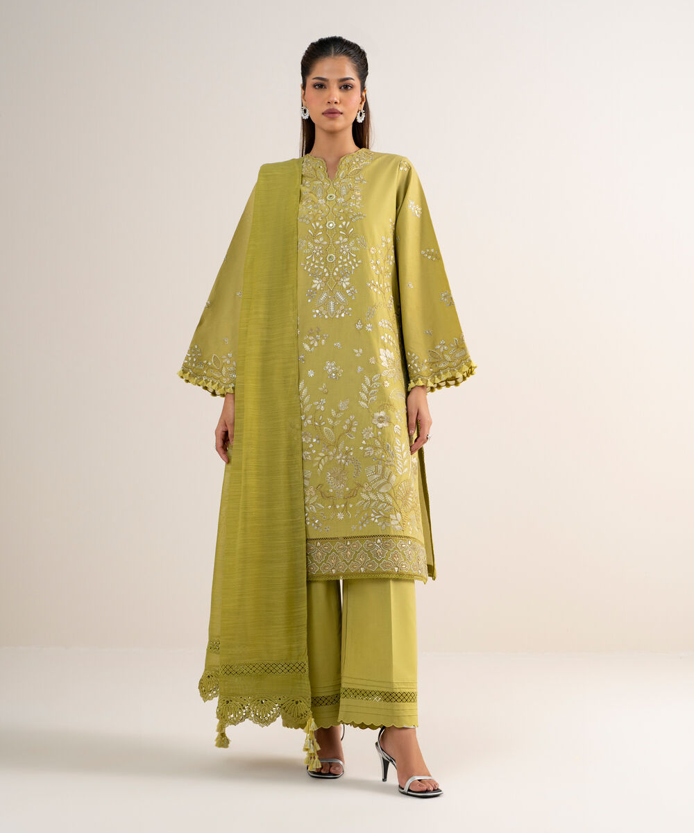 Women's Unstitched Lawn Embroidered Green 3 Piece Suit