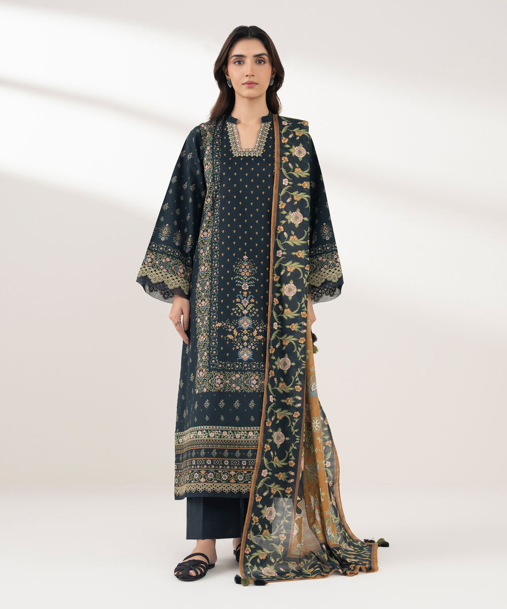 Women's Unstitched Lawn Printed Black  3 Piece Suit