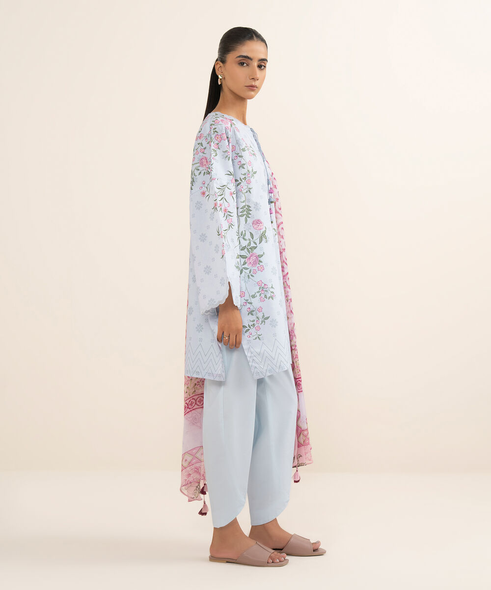 Women's Unstitched Lawn Printed Blue 3 Piece Suit