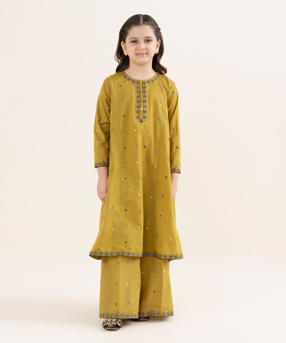Girl's Cotton Jacquard Embroidered Yellow 2 Piece Set