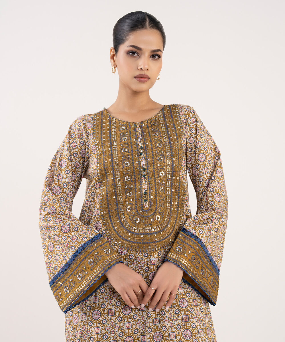 Women's RTW Textured Lawn Mustard Embroidered A-Line Shirt