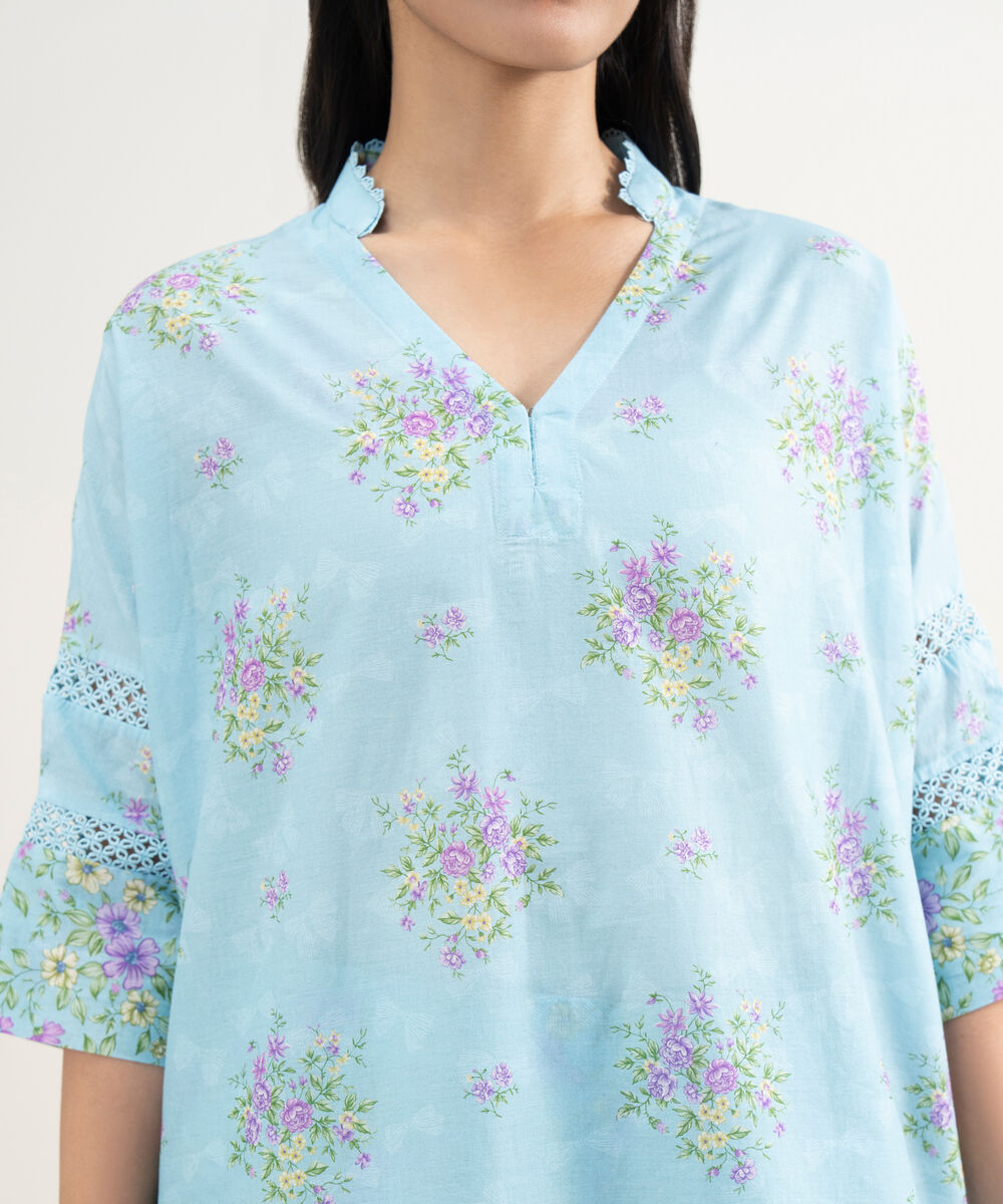 Women's RTW Lawn Printed Blue Drop Shoulder Shirt