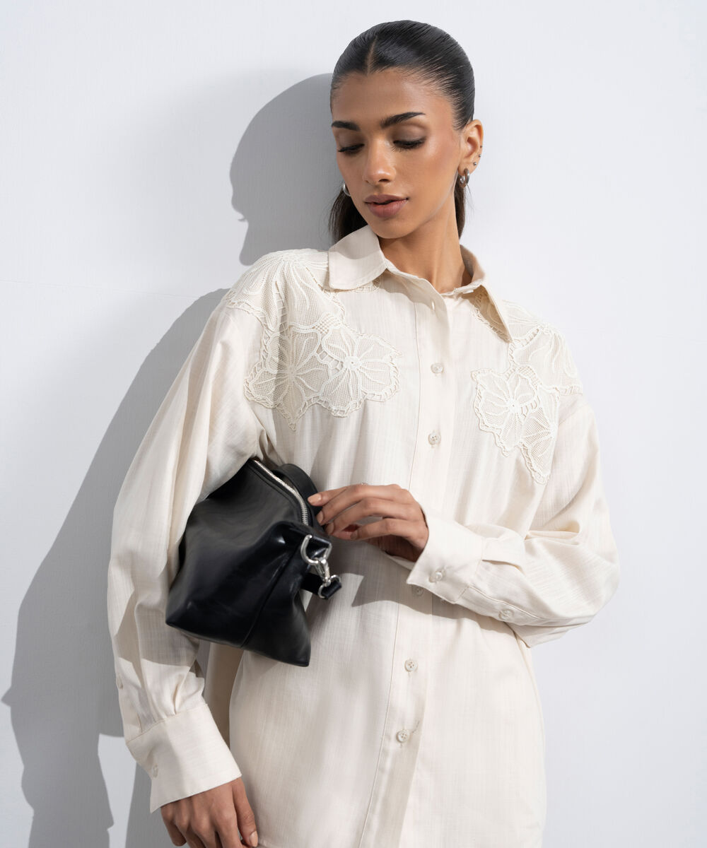 Women's Western Off-white Relaxed-Fit Embroidered Shirt