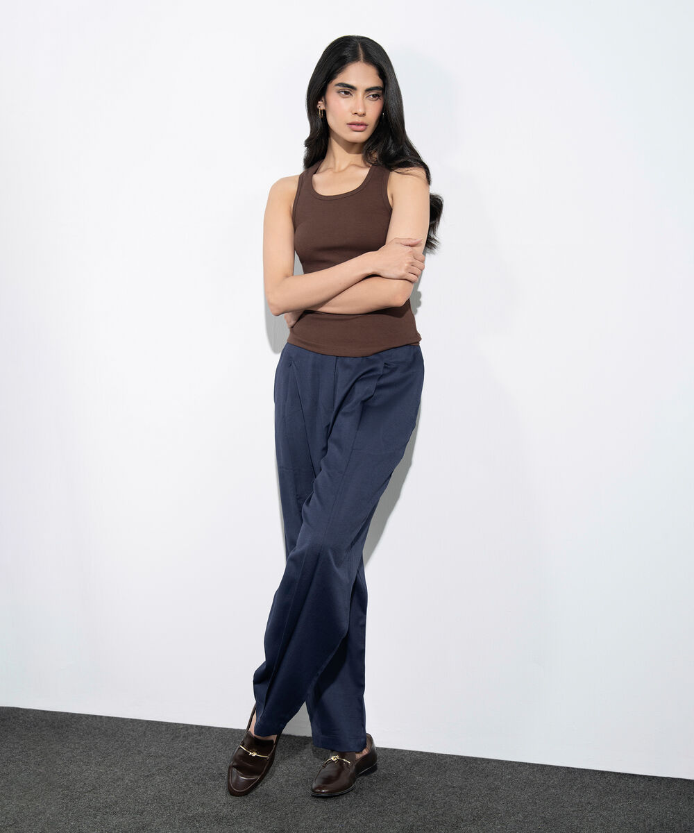 Women's Western Navy Pleated Barrel Linen Blend Trousers