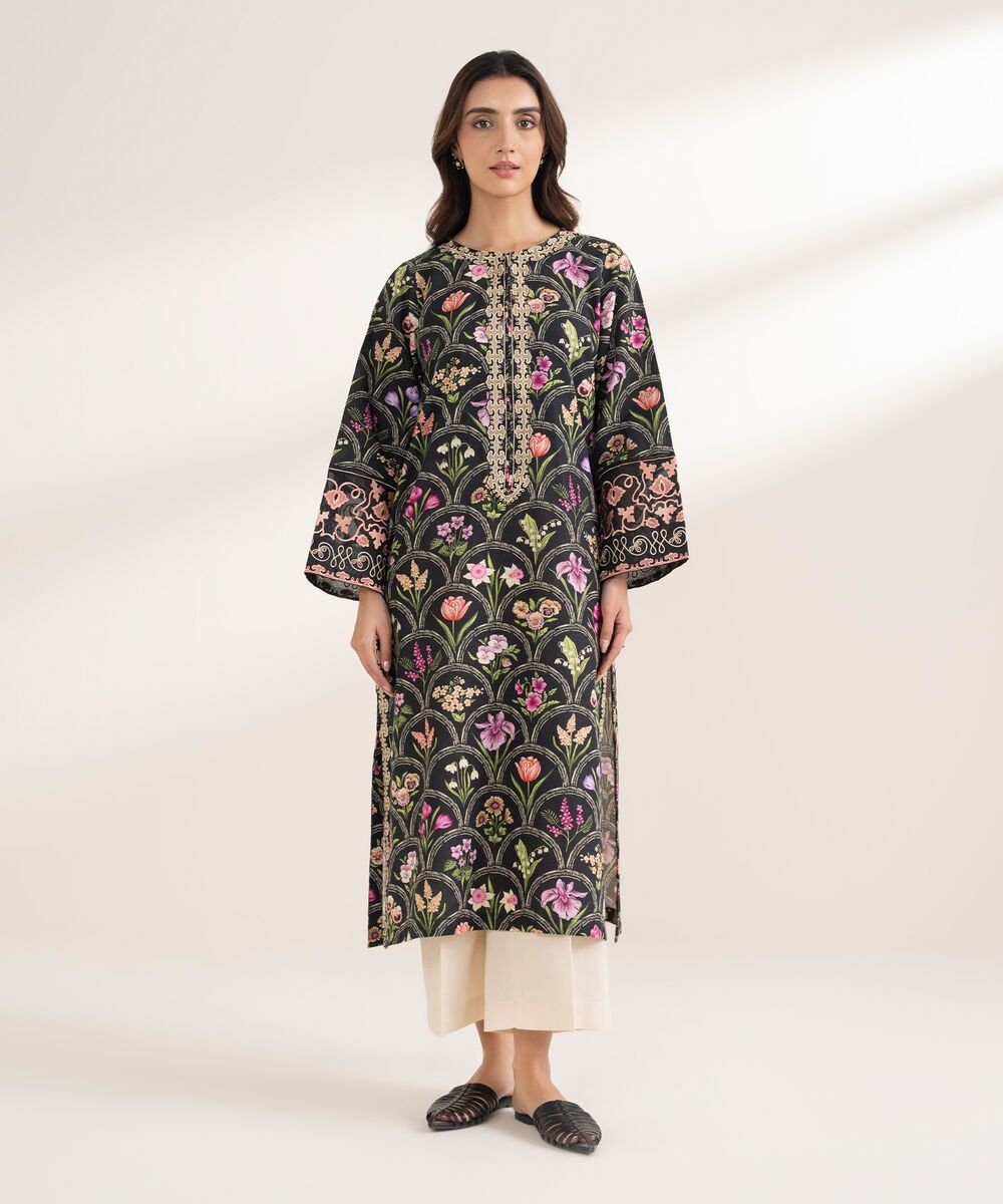 Women's RTW Khaddar Embroidered A-Line Black Shirt