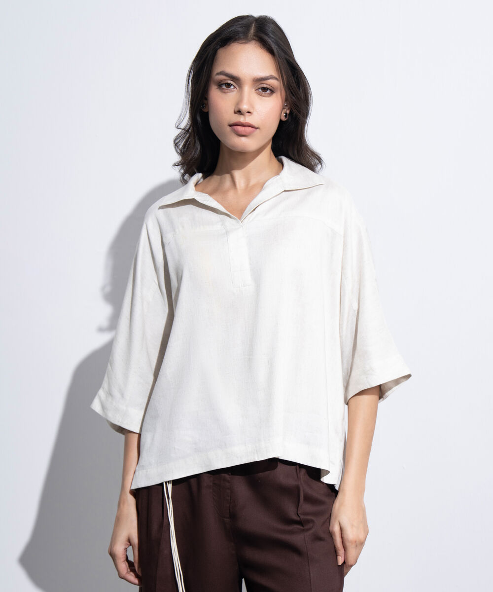 Women's Western Off-white Loose-Fit Linen Top