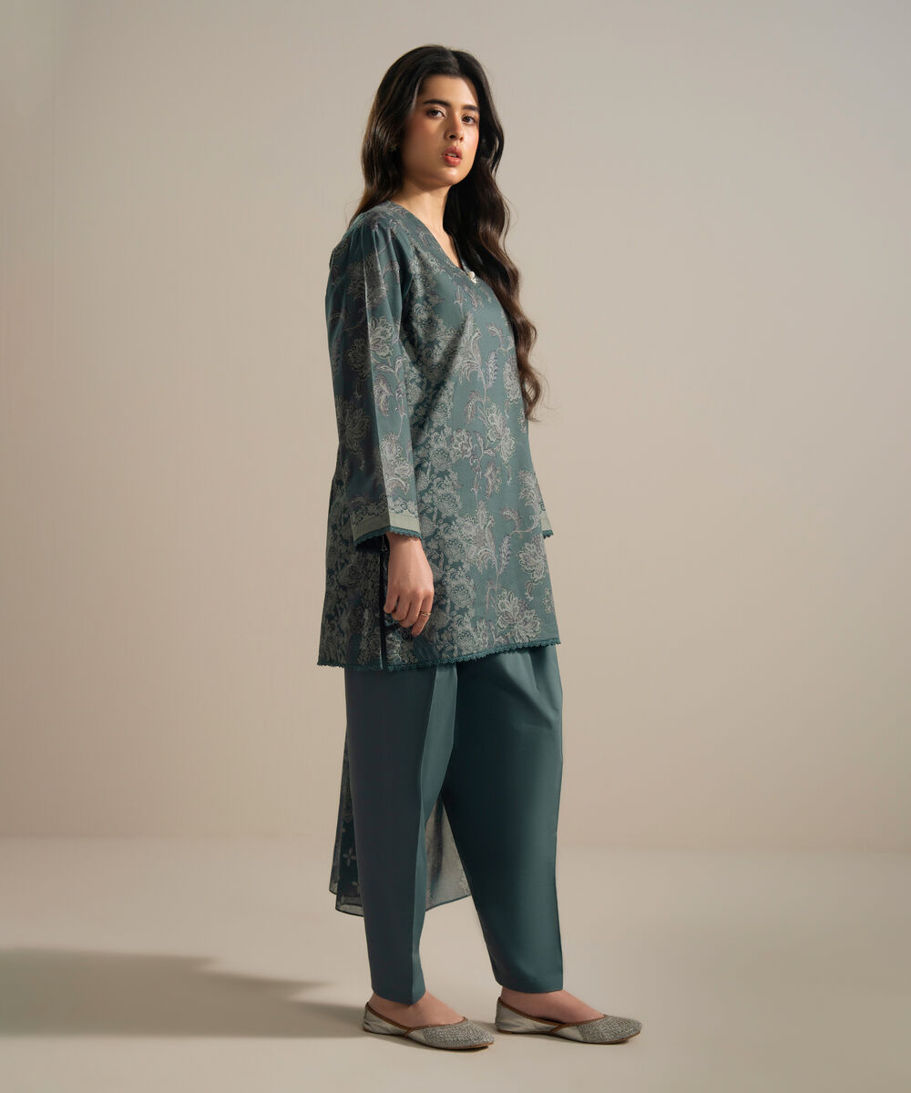 Women's RTW Cambric Printed Green 3 Piece Suit