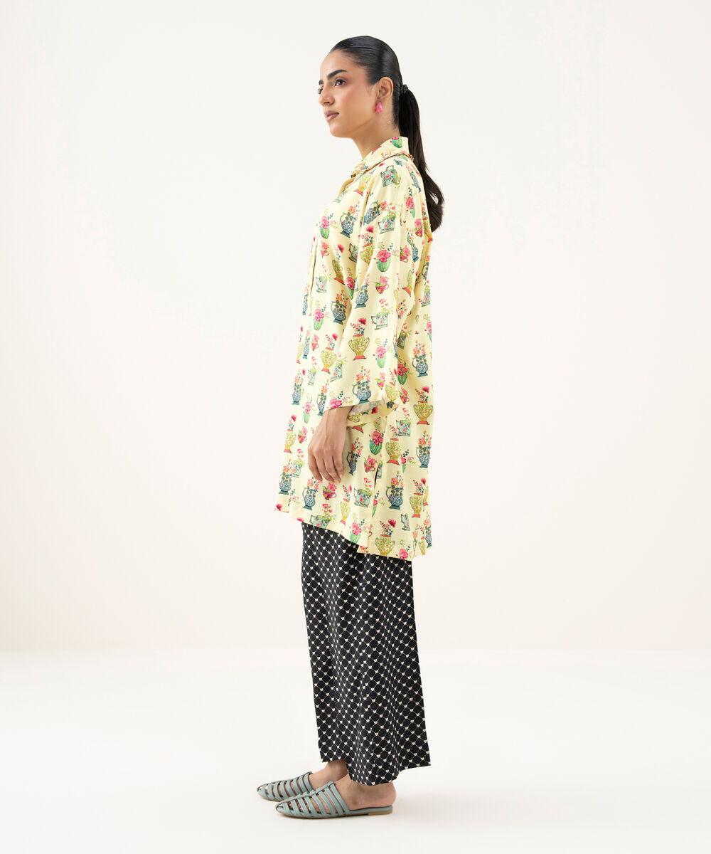 Women's RTW Linen Viscose Printed Pale Yellow Drop Shoulder Shirt