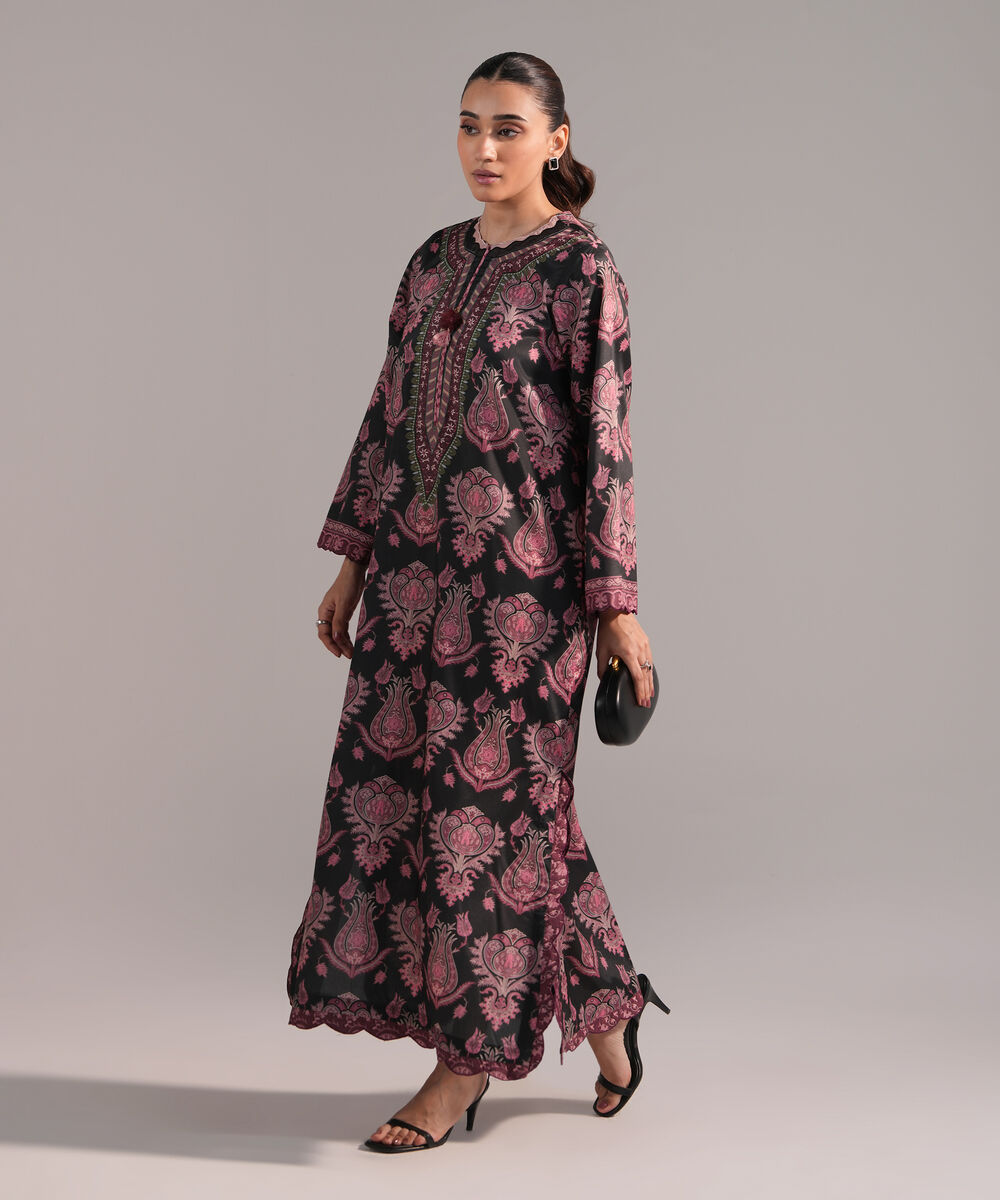 Women's RTW Blended Grip Silk Printed Black A-Line Shirt