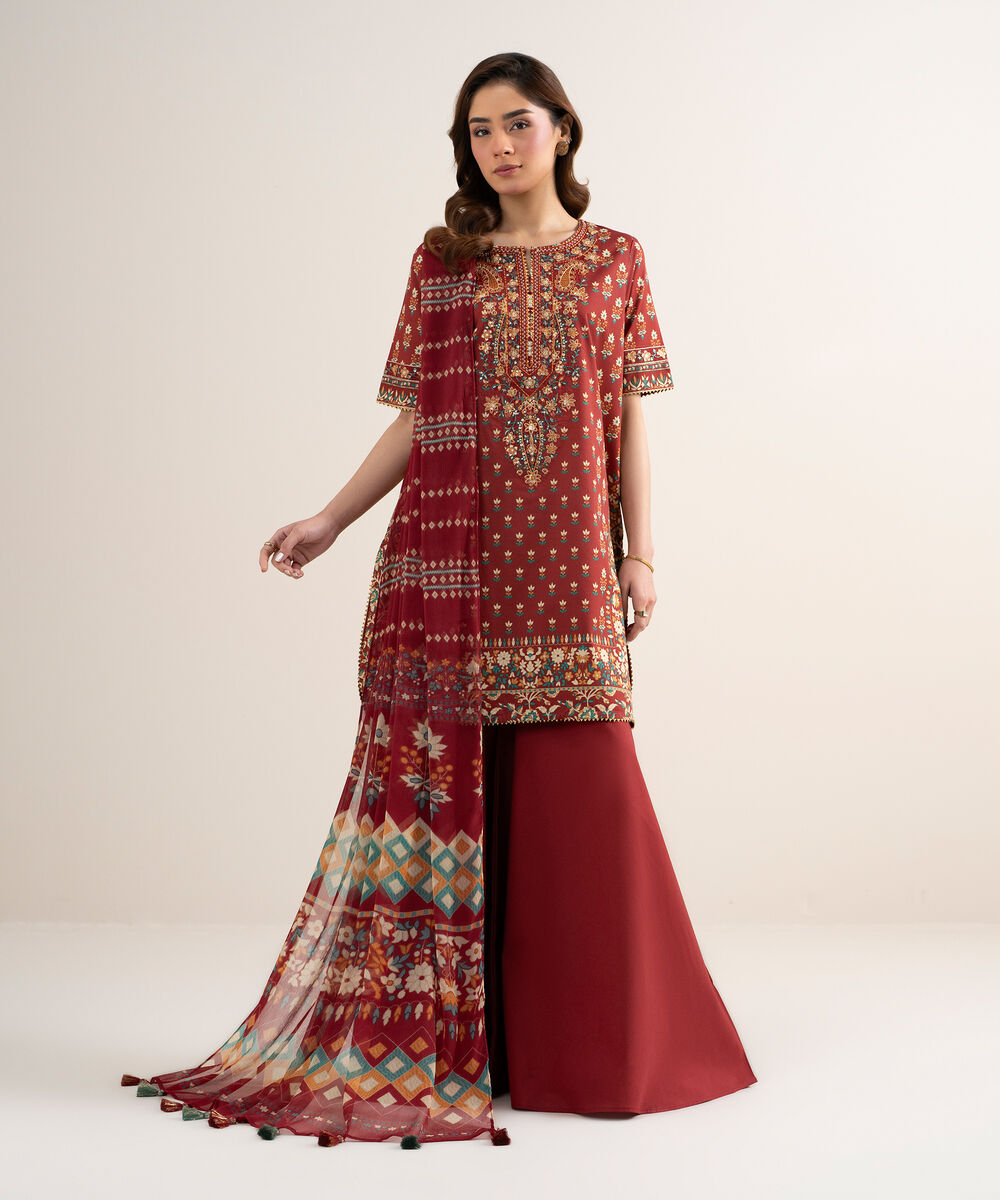 Women's Unstitched Lawn Embroidered Red 3 Piece Suit
