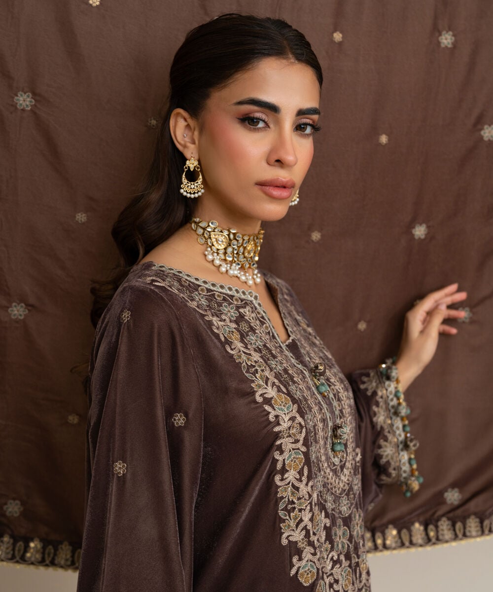 Women's Unstitched Velvet Embroidered Brown 3 Piece Suit