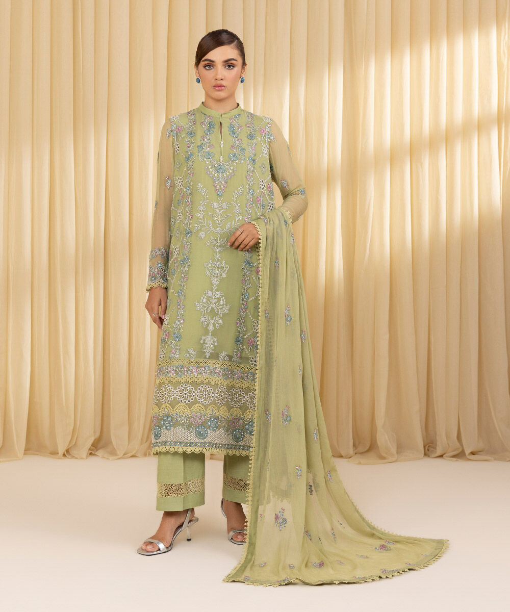 Unstitched Women's Green Blended Chiffon 3 Piece Suit