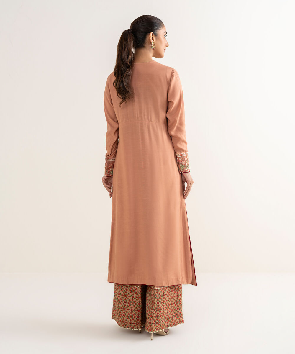 Women's RTW Viscose Raw Silk Pink Embroidered Peshwas