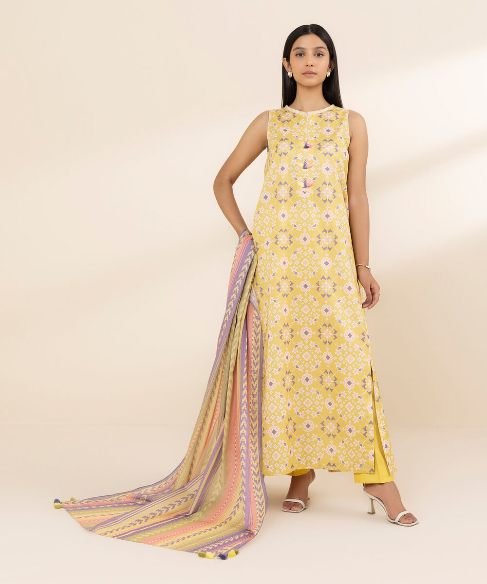 Women's Unstitched Lawn Printed Yellow 3 Piece Suit