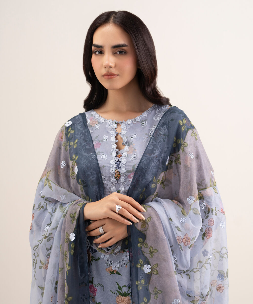 Women's Unstitched Viscose Satin Embroidered Grey 3 Piece Suit