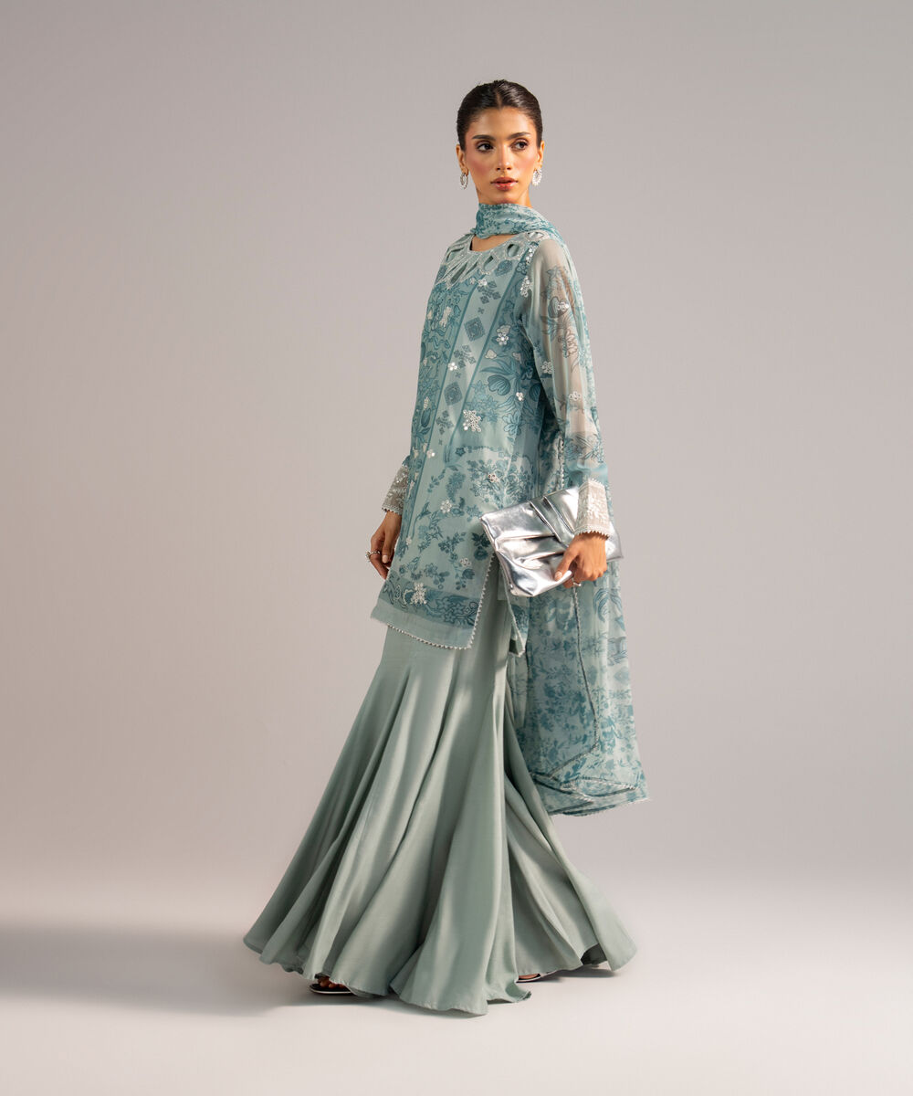 Women's RTW Chiffon Embroidered Blue 3 Piece Suit