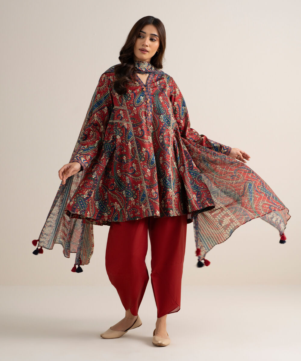 Women's Unstitched Lawn Printed Red