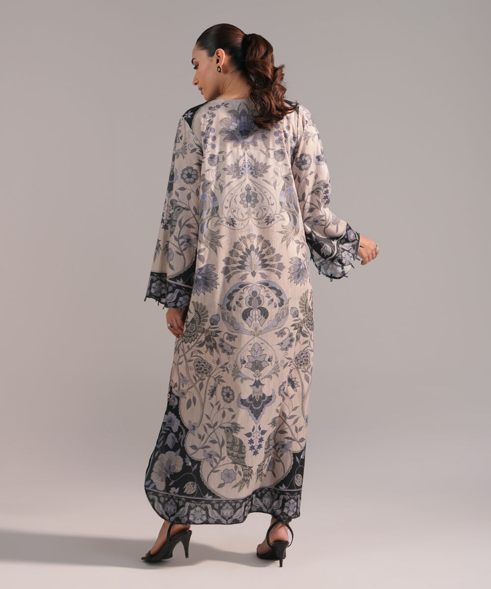 Women's RTW Blended Grip Silk Printed Grey A-Line Shirt