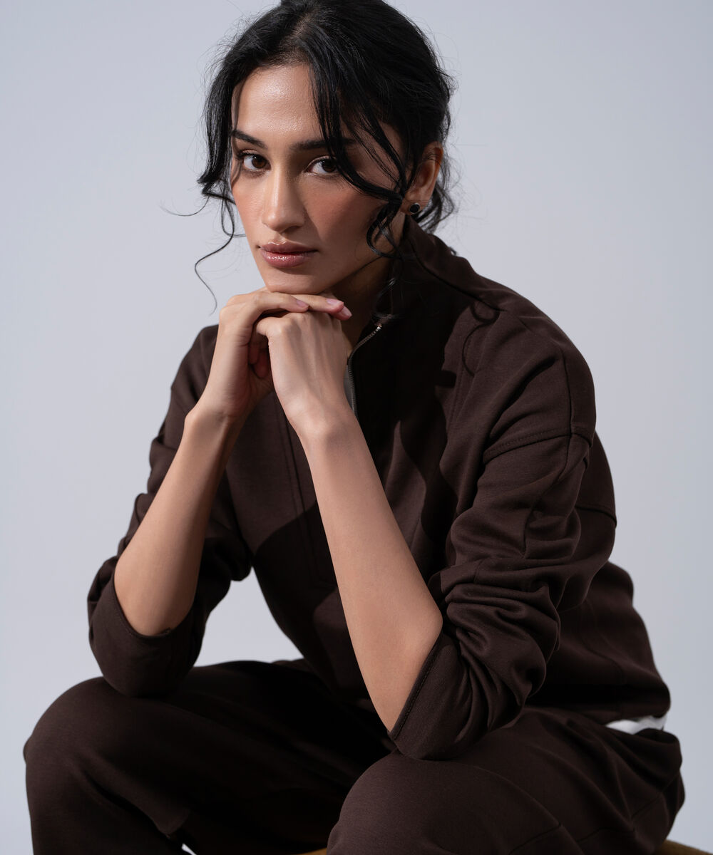 Women's Western Wear Brown Funnel Neck Jumper